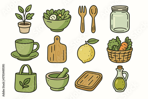 Vector plant cutting vegetables olive basket icons icon green board utensils kitchen