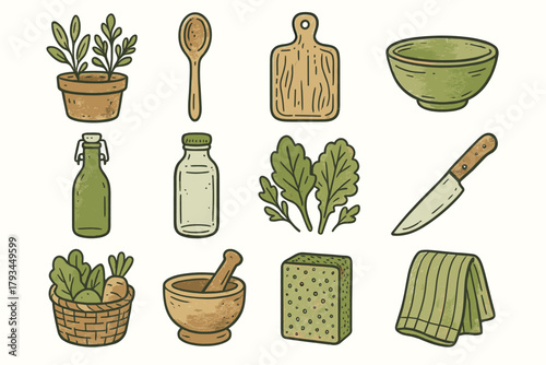 Cutting wooden vector eco icon icons bowl herbs vegetables towel kitchen sponge