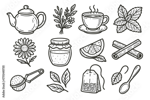 Chamomile vector icon dried jar teabag honey tea wedge herbal cup icons