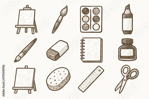 Palette icon icons bottle tools sketchbook easel ink eraser pencil marker vector