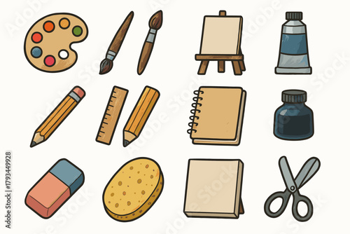Scissors icons art watercolor easel palette tube tool vector paintbrush ink ruler