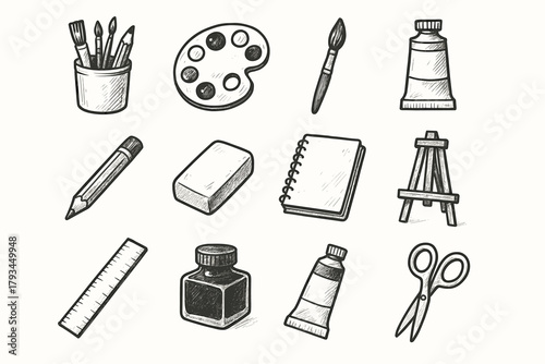 Watercolor easel pencil icons sketchbook paintbrush vector icon tools ruler art sponge
