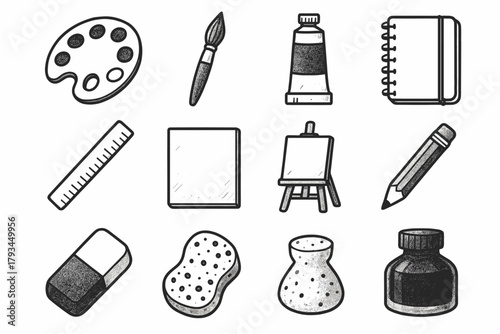 Tools art sponge canvas sketchbook essentials icon vector bottle pencil tube watercolor
