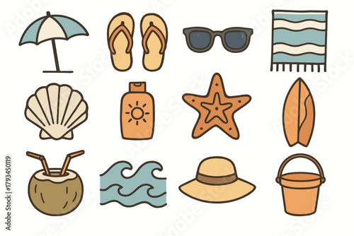 Drink beach icons icon coconut starfish vector hat waves surfboard towel day