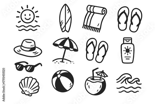Towel day seashell surfboard beach icon umbrella icons vector sunscreen fun hat