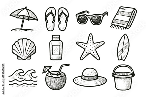 Icon day coconut beach icons hat vector surfboard umbrella sunglasses sunscreen bucket