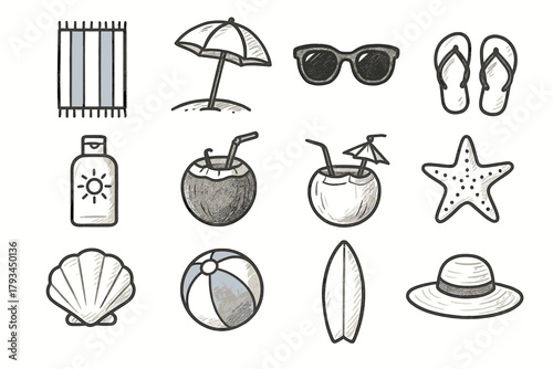 Surfboard icons icon vector waves day towel bottle ball coconut sunglasses beach