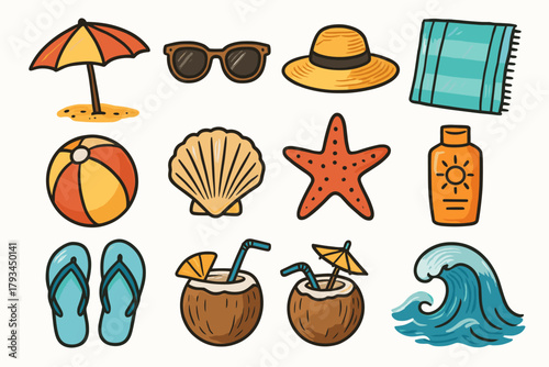 Starfish seashell summer beach hat icons vector ball vibes day drink sunscreen