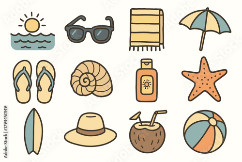 Umbrella beach sunglasses vector coconut essentials icons sunscreen icon starfish towel surfboard