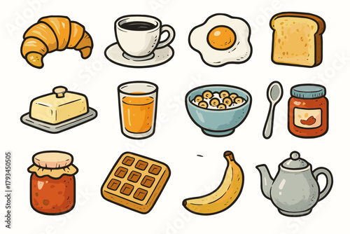 Banana set icon spoon fried teapot breakfast jam vector toast dish bowl
