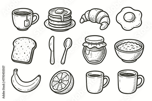 Orange oatmeal icon honey breakfast banana egg vector bowl knife toast collection