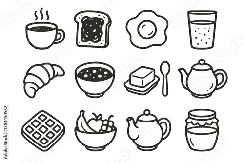 Icon coffee butter set vector cup honey bowl orange breakfast cereal egg