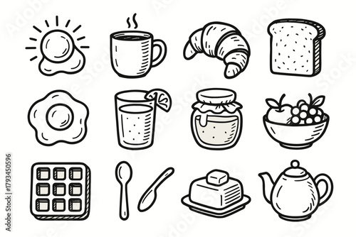 Grid icon vector croissant jar breakfast bowl egg mug toast spoon
