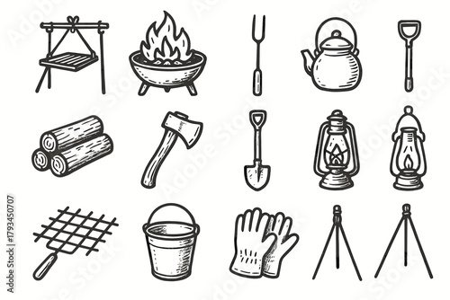 Pit essentials campfire grate icon icons water gloves roasting stand lantern vector