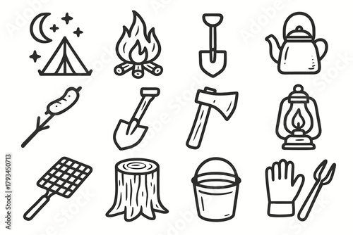 Icons grill campfire icon tools water vector camping roasting shovel kettle lantern