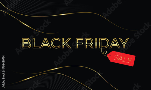 Black Friday Sale Elegant Luxury Golden Typography Design Vector Abstract Background. Golden Text Black Friday On Wavy Smooth Lines 3D Dark Background With Golden Confetti