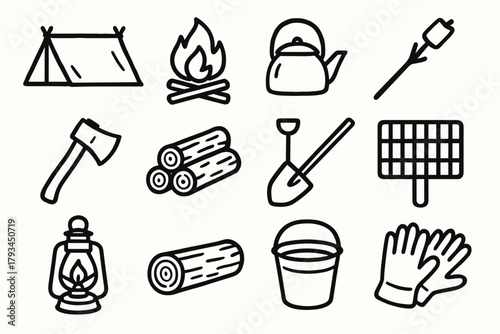 Shovel kettle roasting log icon lantern icons vector gloves campfire grill tools