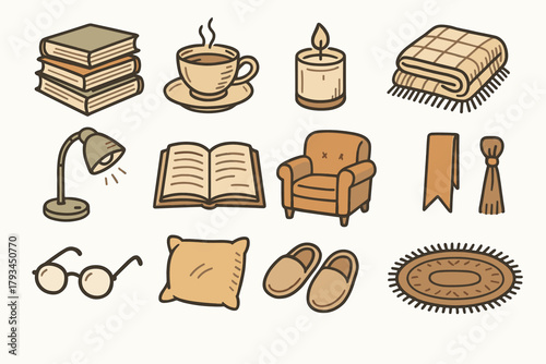 Reading rug icons lamp blanket book icon candle cozy open vector pillow