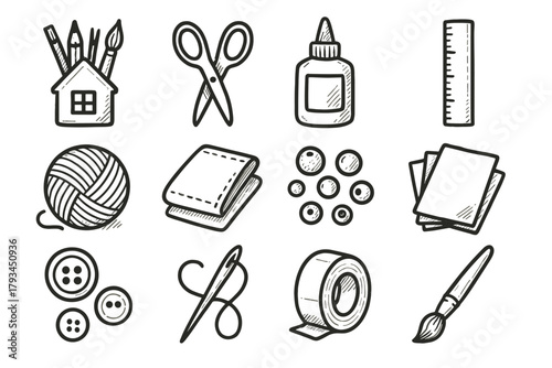 Craft home ruler icon scissors vector bottle fabric icons paintbrush materials paper