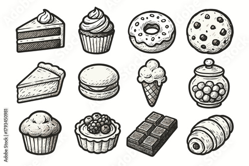 Dessert icon set cookie pie roll vector slice cream cone candy jar