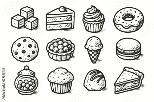 Pie slice cookie jar donut macaron icon set vector tart dessert ice
