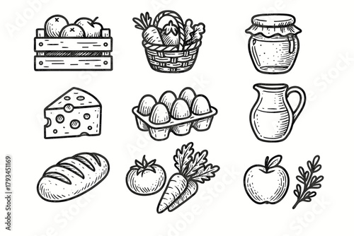 Market block jar herb basket cheese icon farm vegetable apple bunch vector