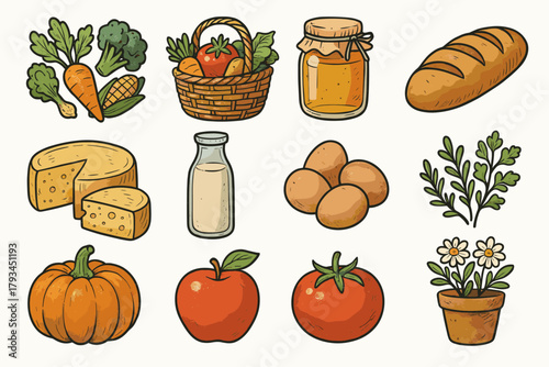 Market honey eggs farm pot apple herbs tomato vector produce wheel icons
