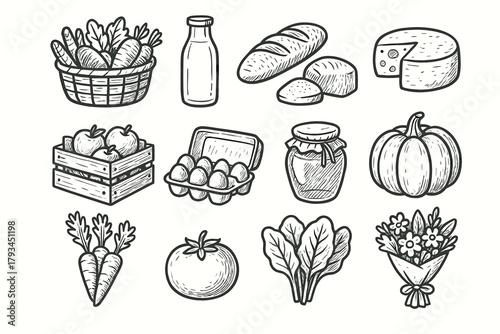 Vector leafy tomato flower icons market icon honey apple egg farm loaf
