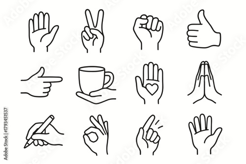 Minimalist vector ok gestures thumbs praying icon hand pose pointing sign waving