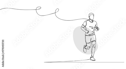 Continuous one line drawing of a male runner in motion, a minimalist illustration symbolizing energy, fitness, and the pursuit of a healthy lifestyle
