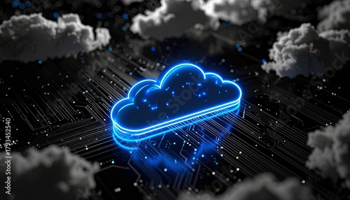 Neon Blue Cloud Icon on Dark Circuit Board