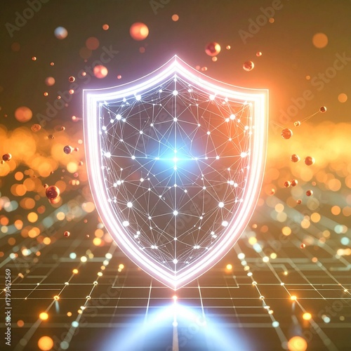 Futuristic Shield Icon with Glowing Network Mesh