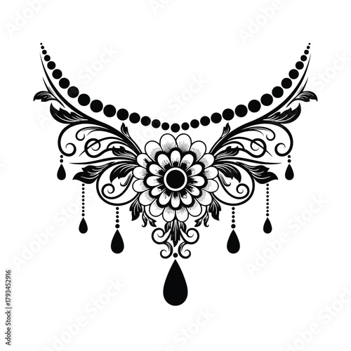Black floral ornament with hanging teardrop shapes and pearl necklace detail black and white decorative