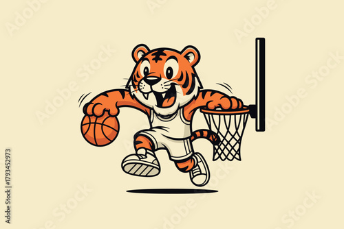 Cartoon Tiger Mascot Playing Basketball and Dunking the Ball.