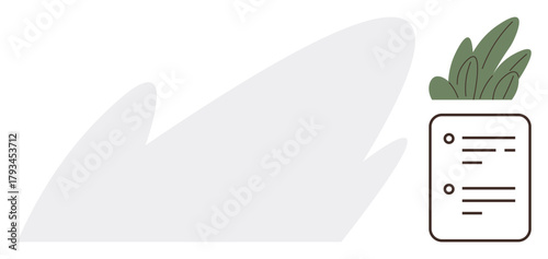 Structured document layout with bullet points next to vibrant green plant in planter. Ideal for organization, planning, productivity, minimalism, eco-consciousness, clean design, simple flat metaphor