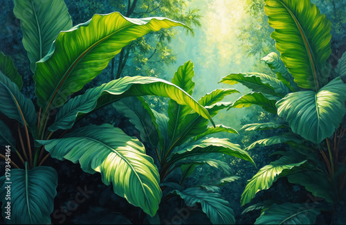 Artwork shows rich tropical leaf plant life. Fresh green leaves in jungle forest. Artistic foliage in a botanical garden with vibrant greens. Natural eco design. Light shining on plants.