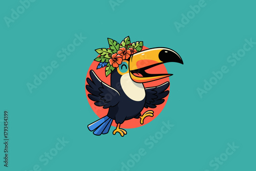 Happy Toucan Bird with Floral Crown Illustration.