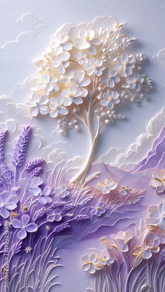 Naklejka premium Dreamy Blossom Tree with Lavender Field in Pastel Colors Illustration