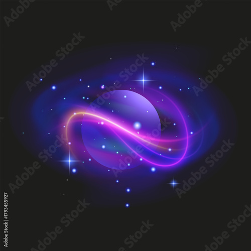 Glowing Purple Planet with Rings in Cosmic Space Neon planet with glowing rings