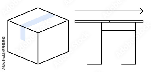 Cube with a geometric mark, an arrow indicating direction, and a table-thumbs up structure. Ideal for logistics, design, innovation, minimalism, motion abstraction spatial concepts. A simple flat