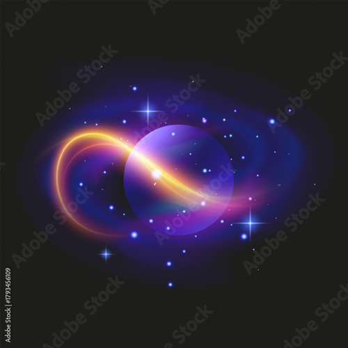 Glowing Purple Planet with Rings in Cosmic Space Neon planet with glowing rings