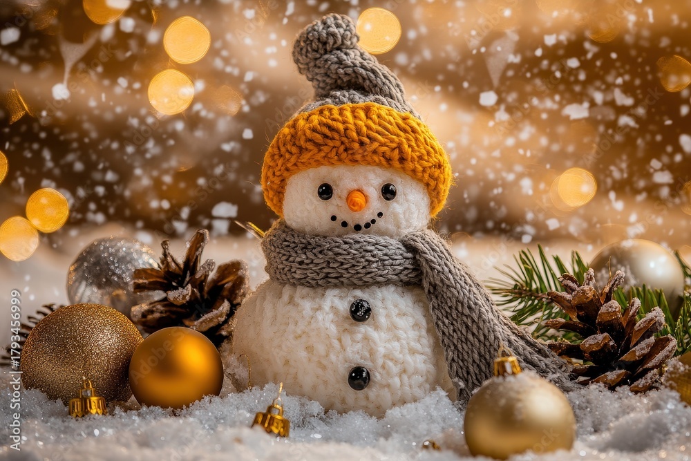 Obraz premium Knitted winter figure sits surrounded by festive decorations and falling snow
