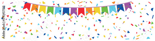 Banner. Colorful party bunting with falling confetti on white background. Festive decoration for celebration, birthday, carnival, anniversary, event, holiday, or cheerful greeting card design concept