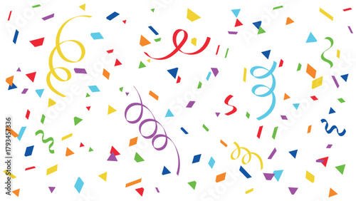 Colorful confetti background with ribbons and paper shapes on white. Festive celebration design for birthday, party, New Year, carnival, and holiday decoration. Bright joyful and cheerful atmosphere