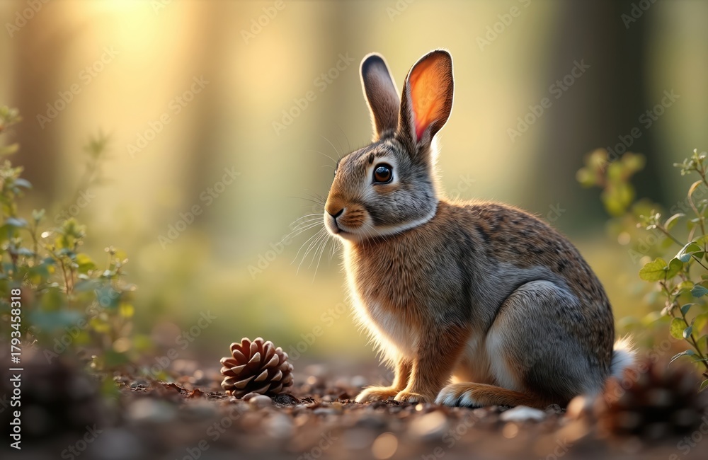 Fototapeta premium Small cottontail rabbit sits in forest floor with pinecone. Soft golden light illuminates its fur and big ears. Young wild mammal pauses near green plants in woodland.