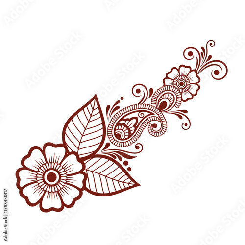 Dark red henna floral paisley design element with leaves and swirls mehndi