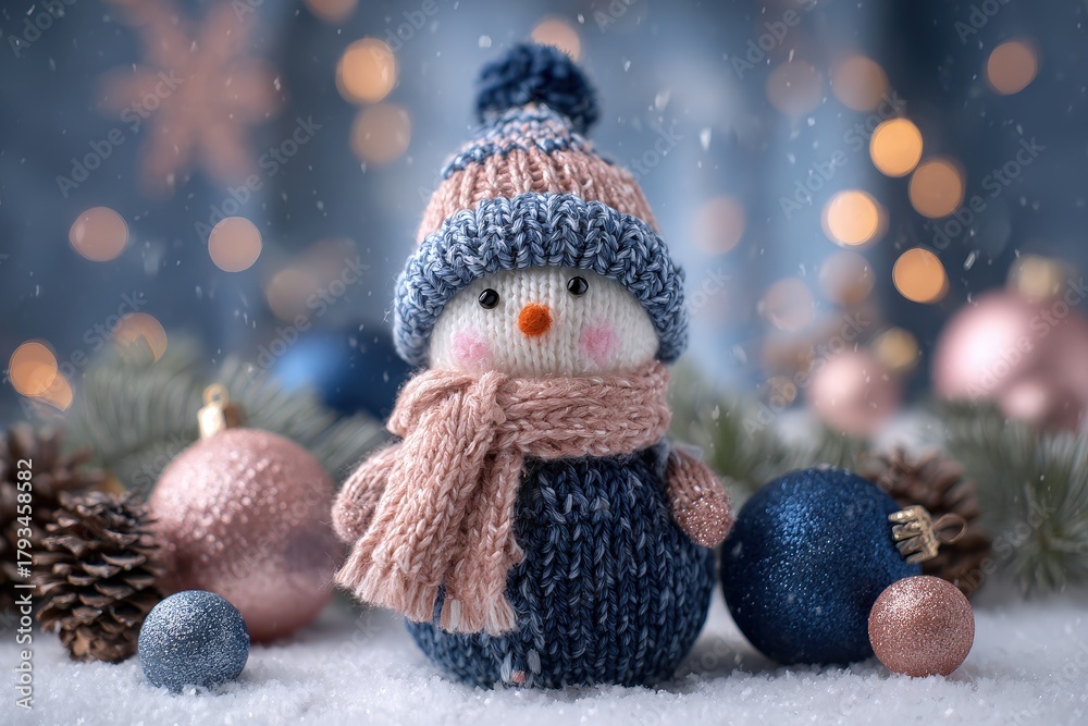 Obraz premium Knitted snowman figurine sits in artificial snow surrounded by festive decorations