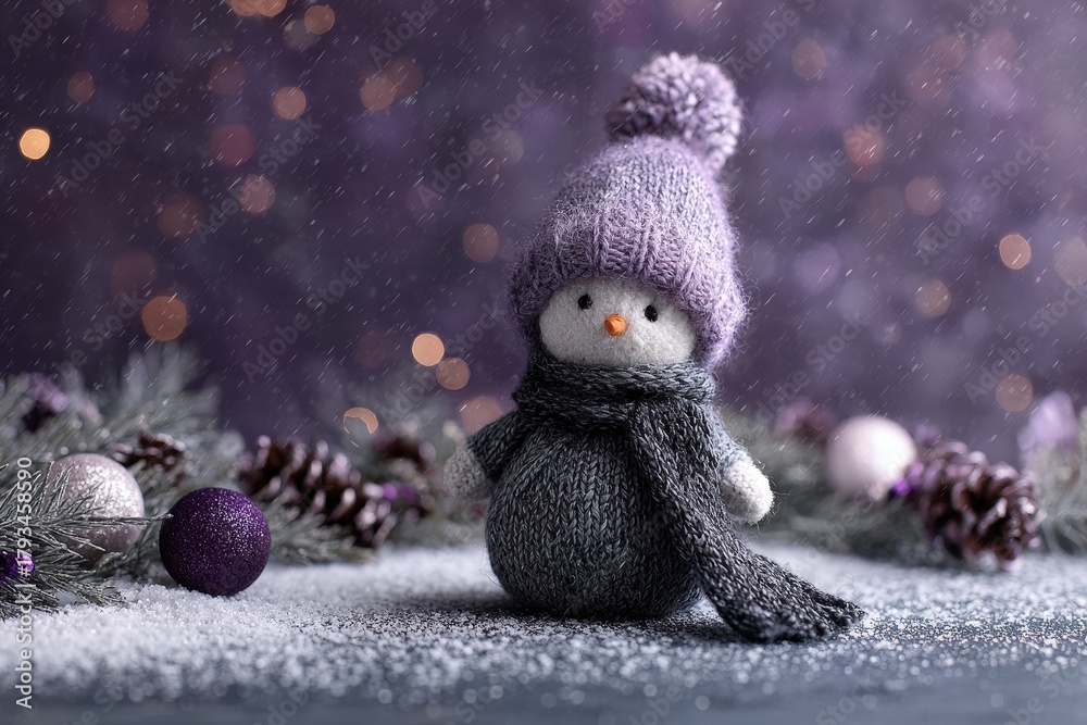 Obraz premium Knitted winter figure wearing warm clothing sits amidst snowy decorations and festive lights