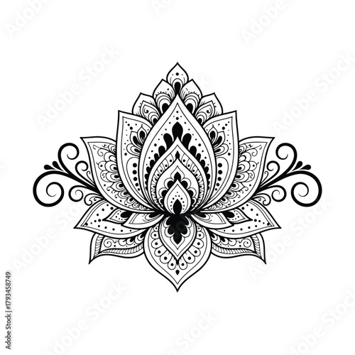 Intricate black and white lotus flower mandala design with swirling decorative elements floral ornamental