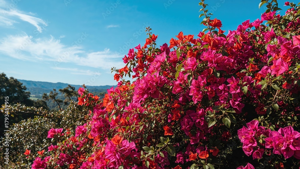 Obraz premium Vivid pink bougainvillea flowers blooming against a blue sky with distant hills in the background.